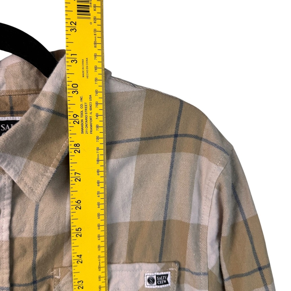 Salty Crew Mens Button Up Shirt L Large Flannel Plaid Beige Long Sleeve - Picture 11 of 13